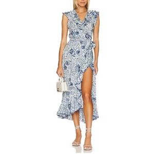 Poupette St Barth Aude Midi Dress Blue Pensee Floral Ruffle Wrap W4DR23MBPSL
